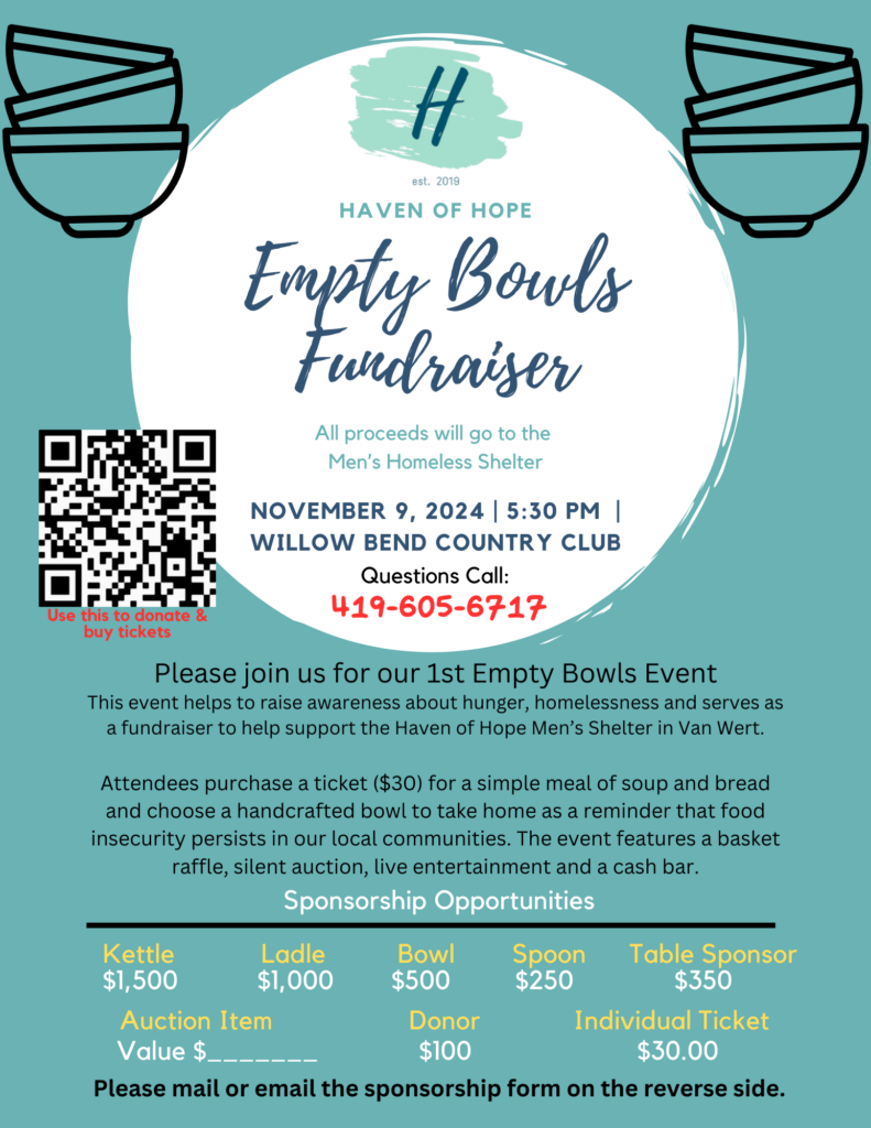 this image includes a picture of the haven of hope empty bowls fundraiser event, with the same details mentioned in text previously